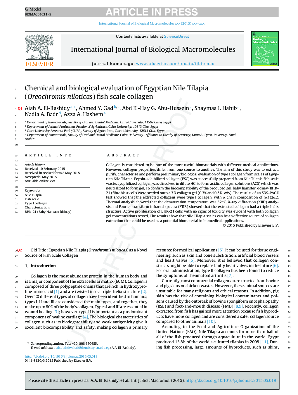 Chemical and biological evaluation of Egyptian Nile Tilapia (Oreochromis niloticas) fish scale collagen