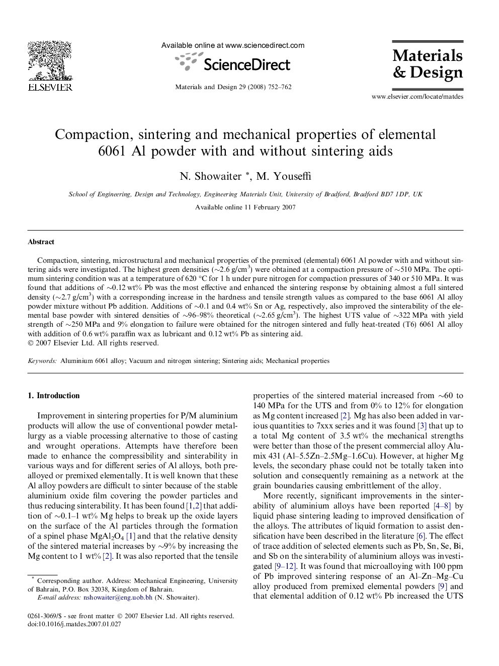 Compaction, sintering and mechanical properties of elemental 6061 Al powder with and without sintering aids