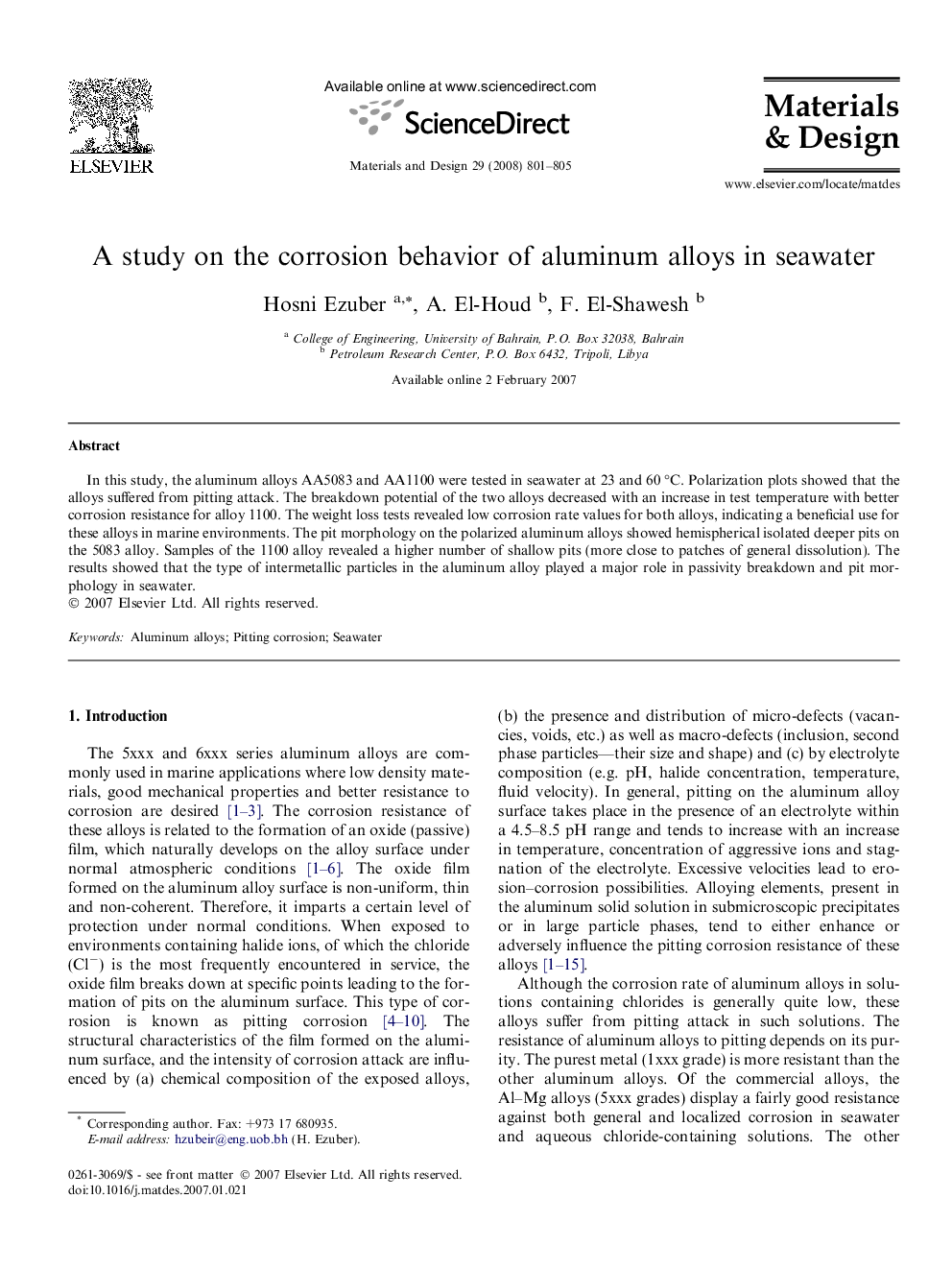 A study on the corrosion behavior of aluminum alloys in seawater