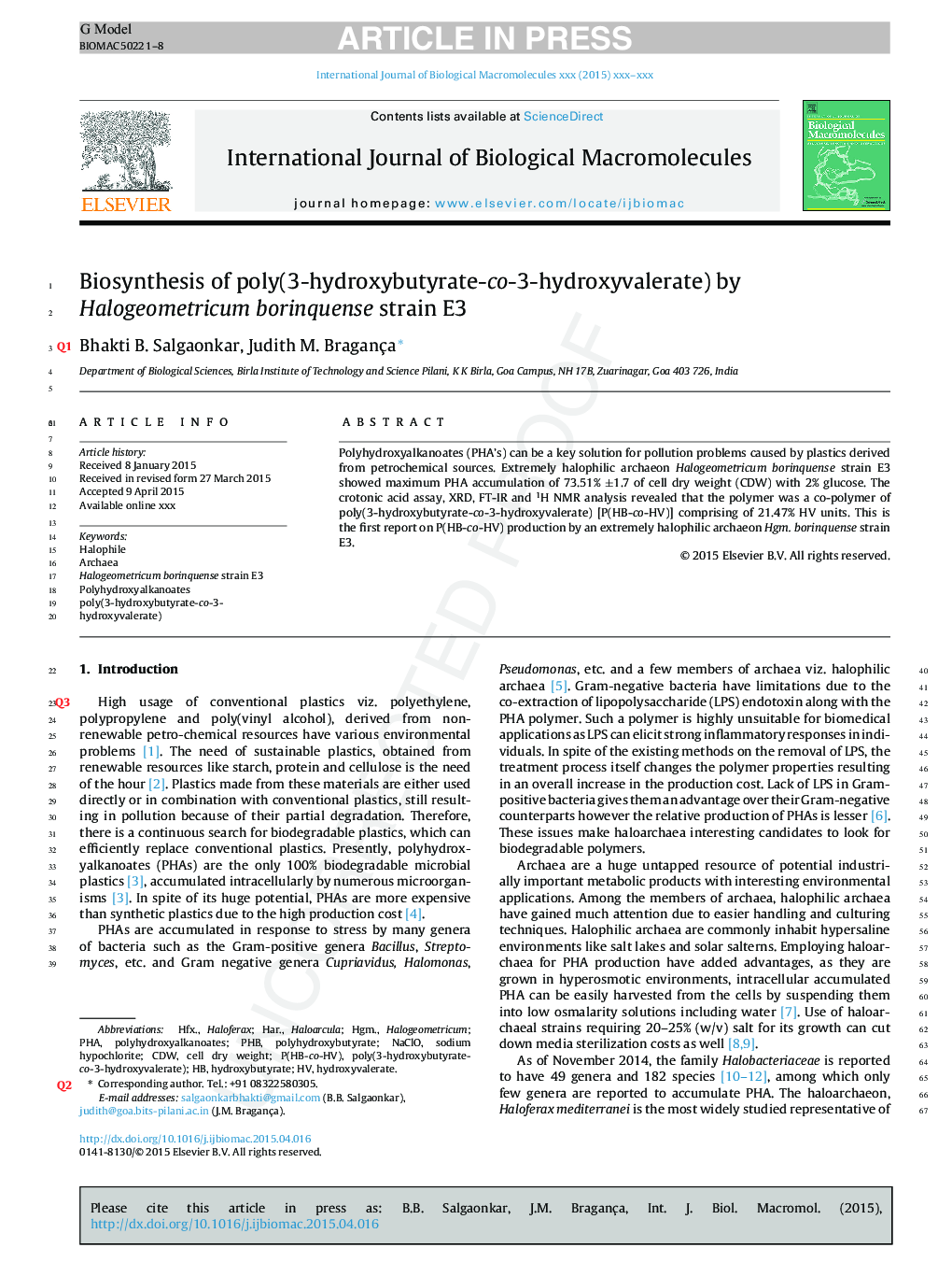 Biosynthesis of poly(3-hydroxybutyrate-co-3-hydroxyvalerate) by Halogeometricum borinquense strain E3