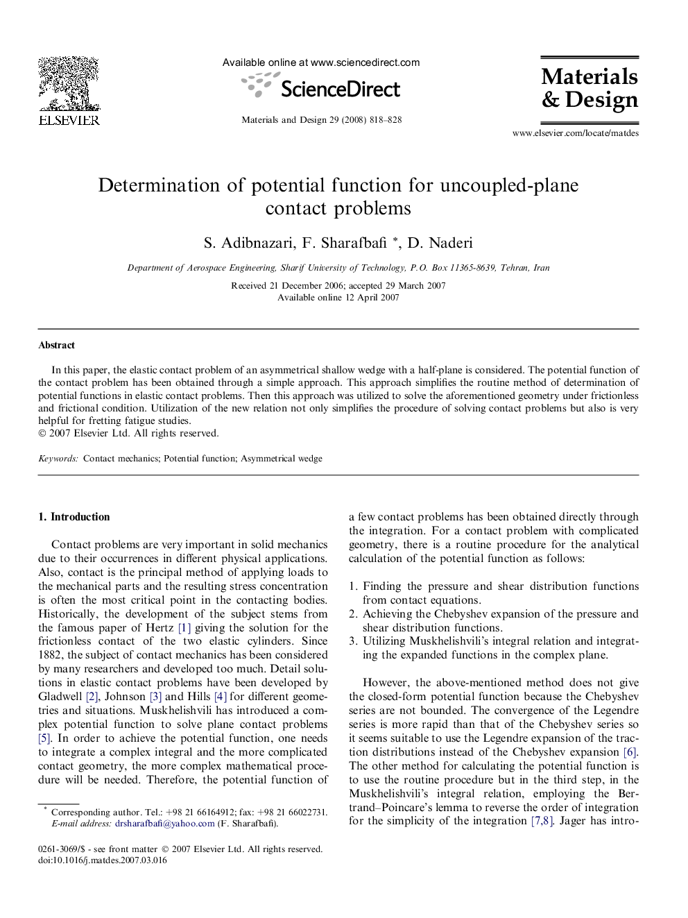 Determination of potential function for uncoupled-plane contact problems