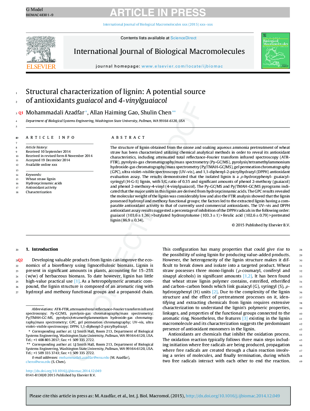 Structural characterization of lignin: A potential source of antioxidants guaiacol and 4-vinylguaiacol