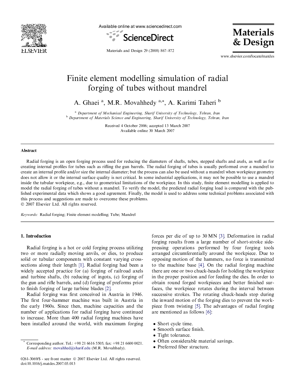 Finite element modelling simulation of radial forging of tubes without mandrel