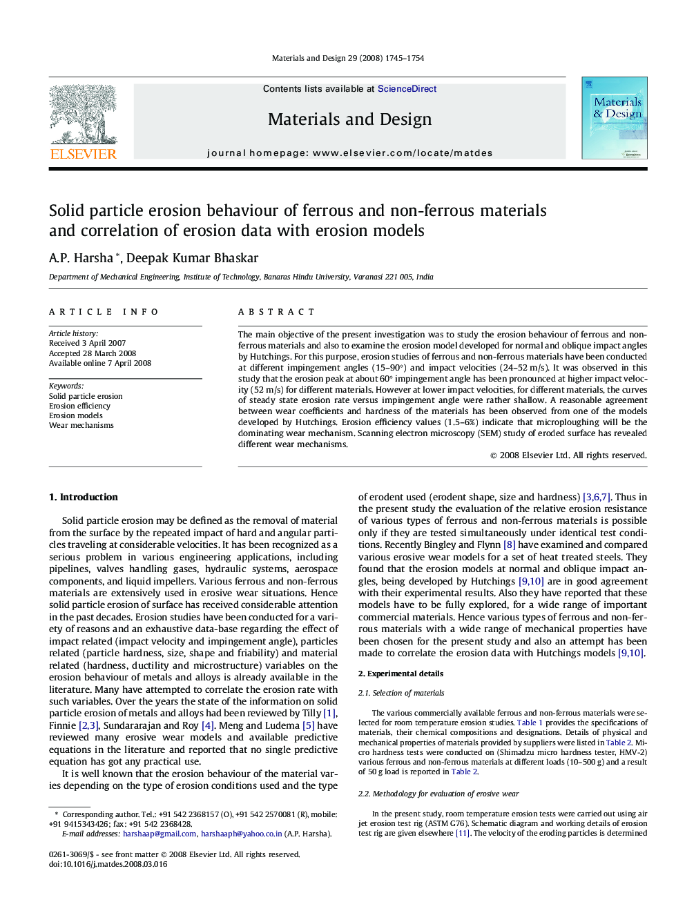 Solid particle erosion behaviour of ferrous and non-ferrous materials and correlation of erosion data with erosion models