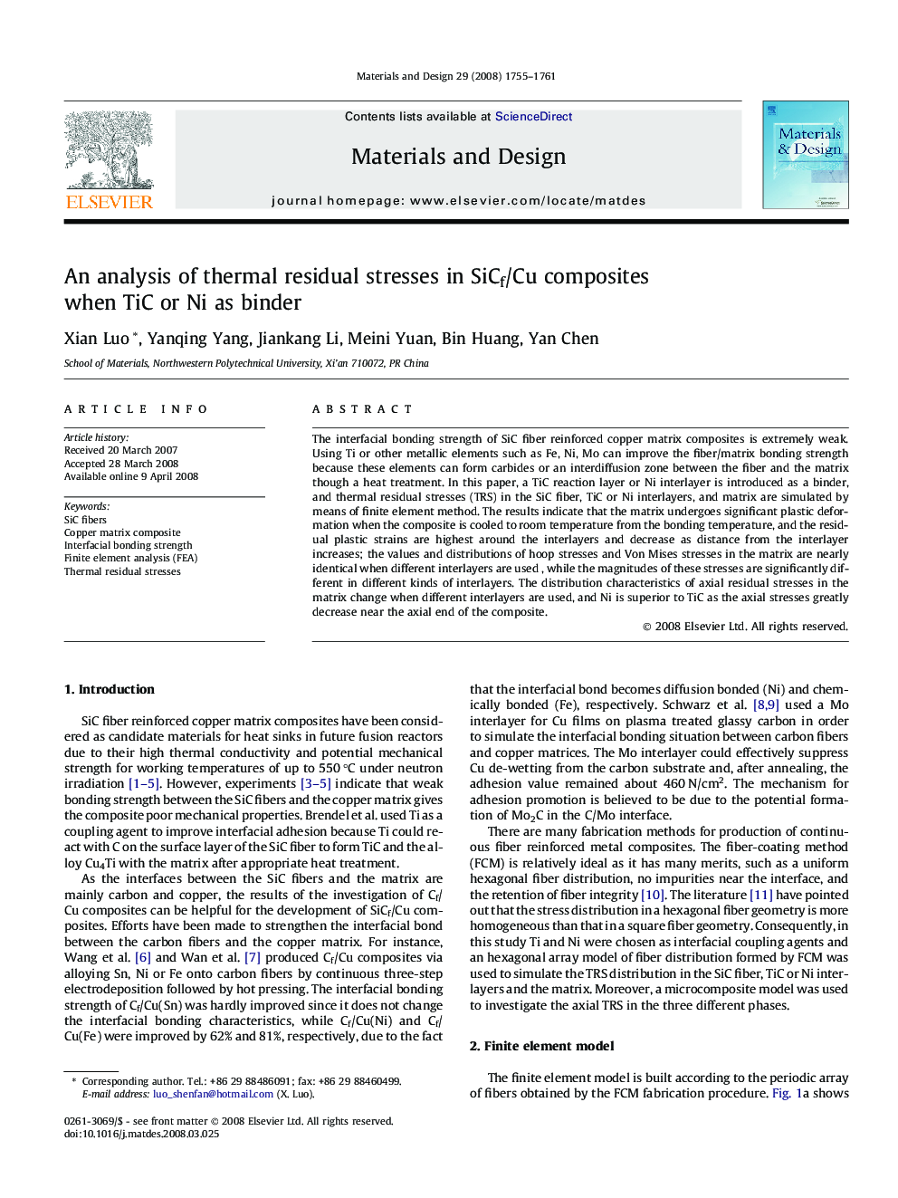 An analysis of thermal residual stresses in SiCf/Cu composites when TiC or Ni as binder