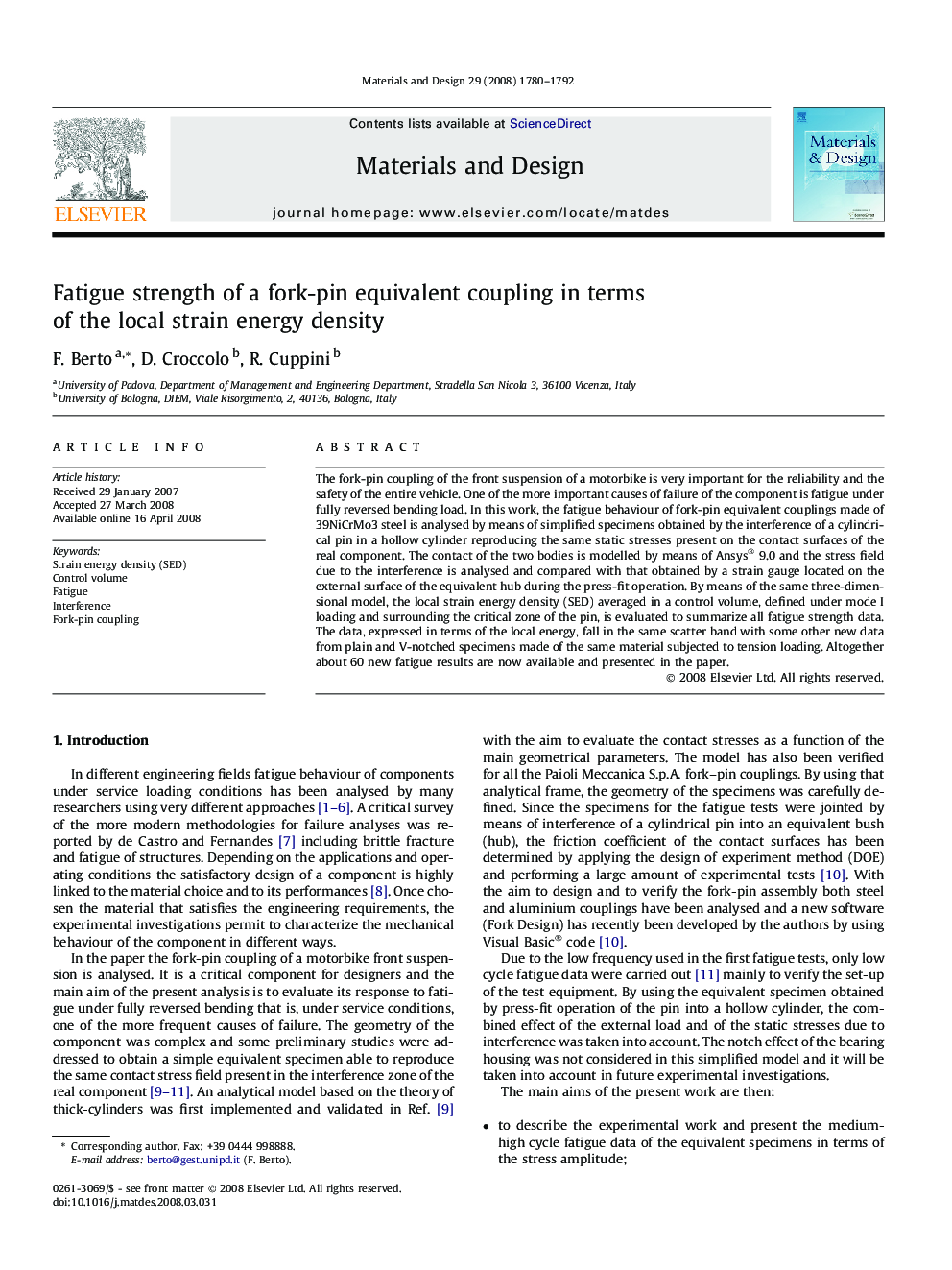 Fatigue strength of a fork-pin equivalent coupling in terms of the local strain energy density