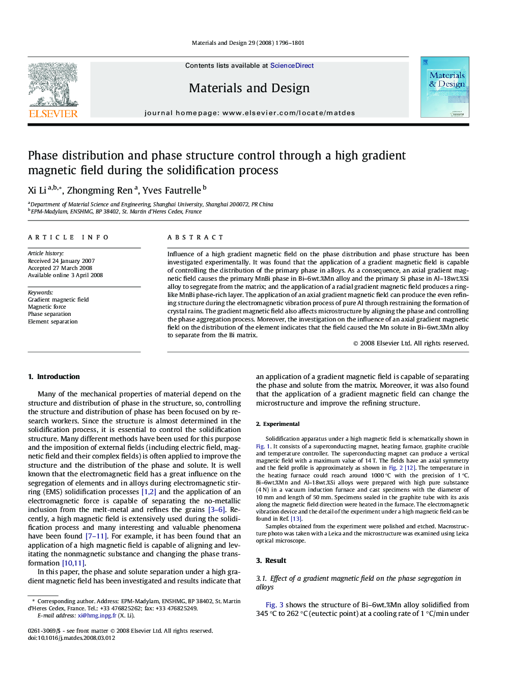 Phase distribution and phase structure control through a high gradient magnetic field during the solidification process