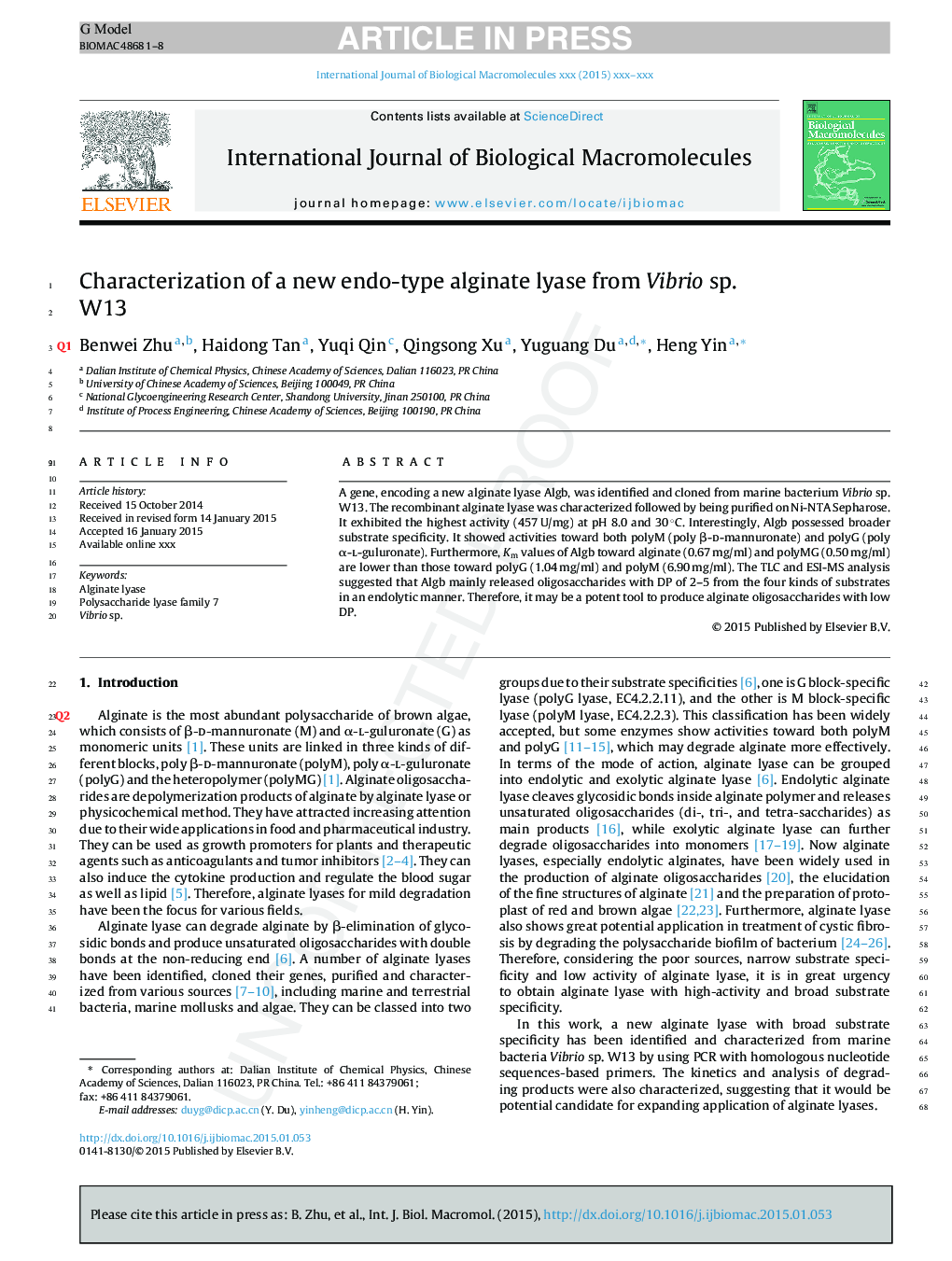 Characterization of a new endo-type alginate lyase from Vibrio sp. W13