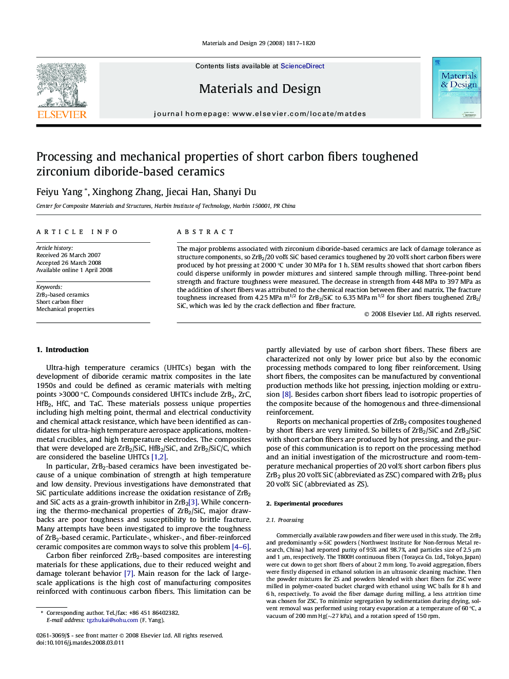 Processing and mechanical properties of short carbon fibers toughened zirconium diboride-based ceramics