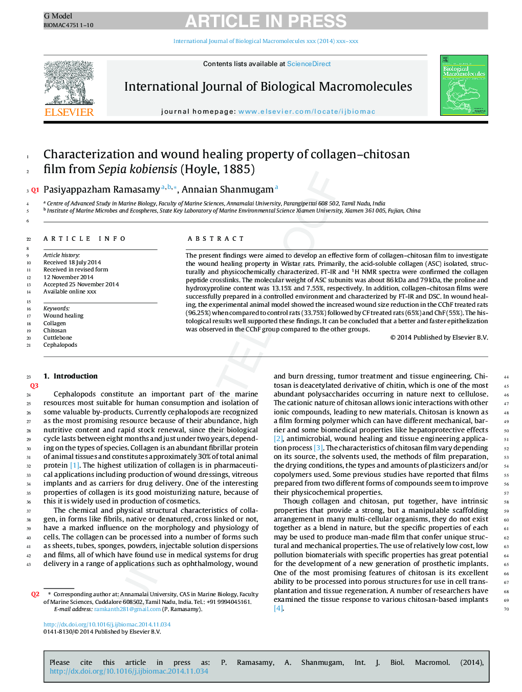 Characterization and wound healing property of collagen-chitosan film from Sepia kobiensis (Hoyle, 1885)