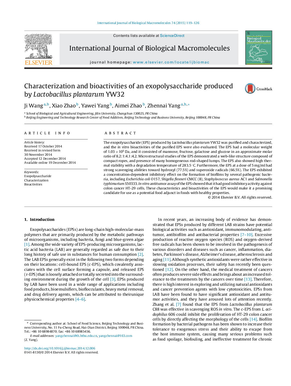 Characterization and bioactivities of an exopolysaccharide produced by Lactobacillus plantarum YW32