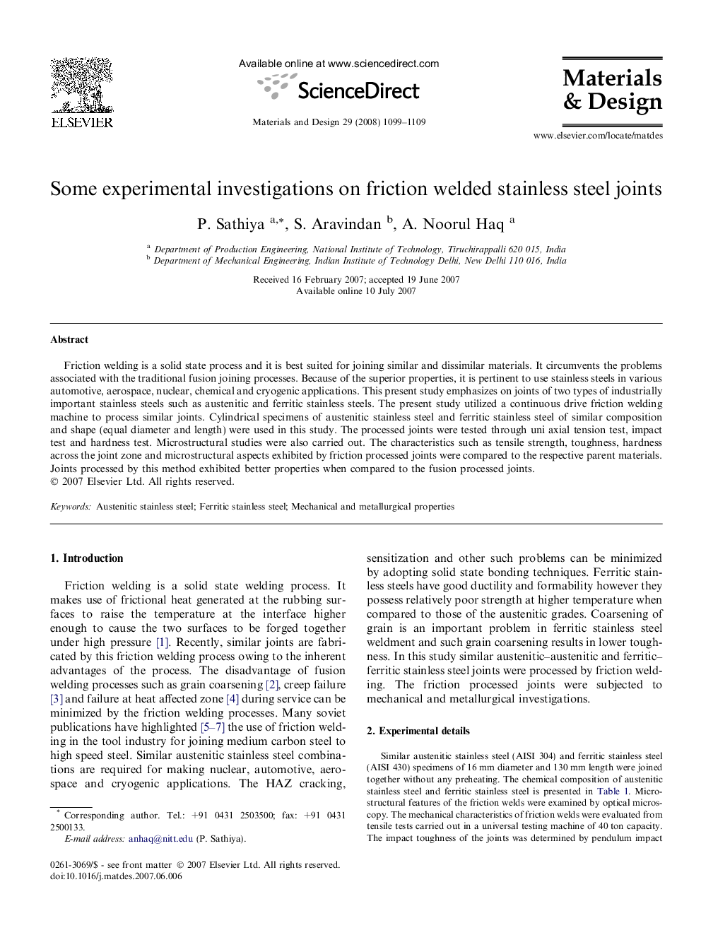 Some experimental investigations on friction welded stainless steel joints