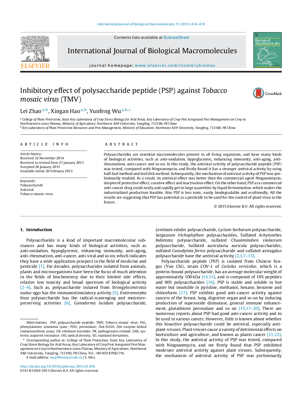 Inhibitory effect of polysaccharide peptide (PSP) against Tobacco mosaic virus (TMV)