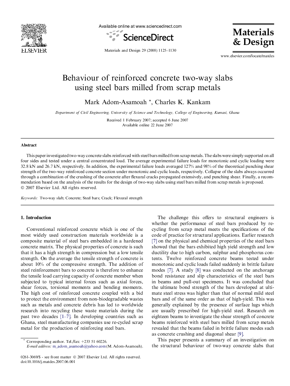 Behaviour of reinforced concrete two-way slabs using steel bars milled from scrap metals