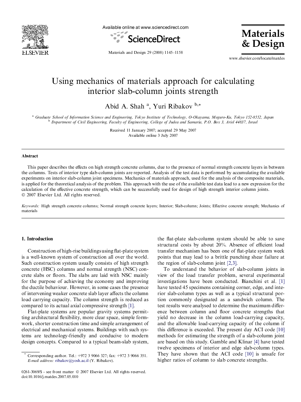 Using mechanics of materials approach for calculating interior slab-column joints strength