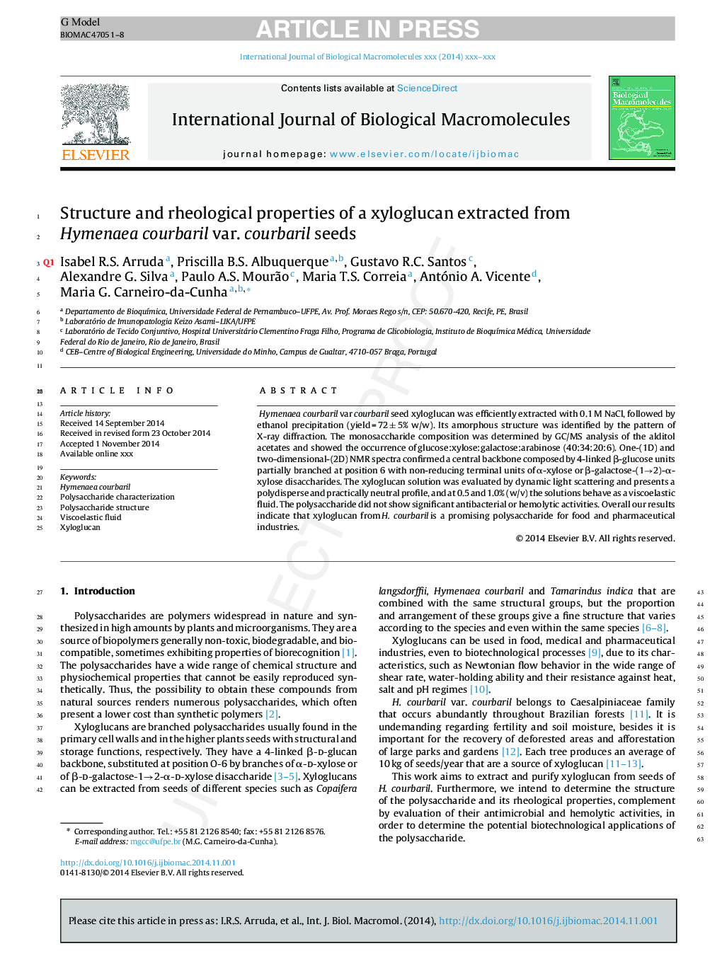 Structure and rheological properties of a xyloglucan extracted from Hymenaea courbaril var. courbaril seeds