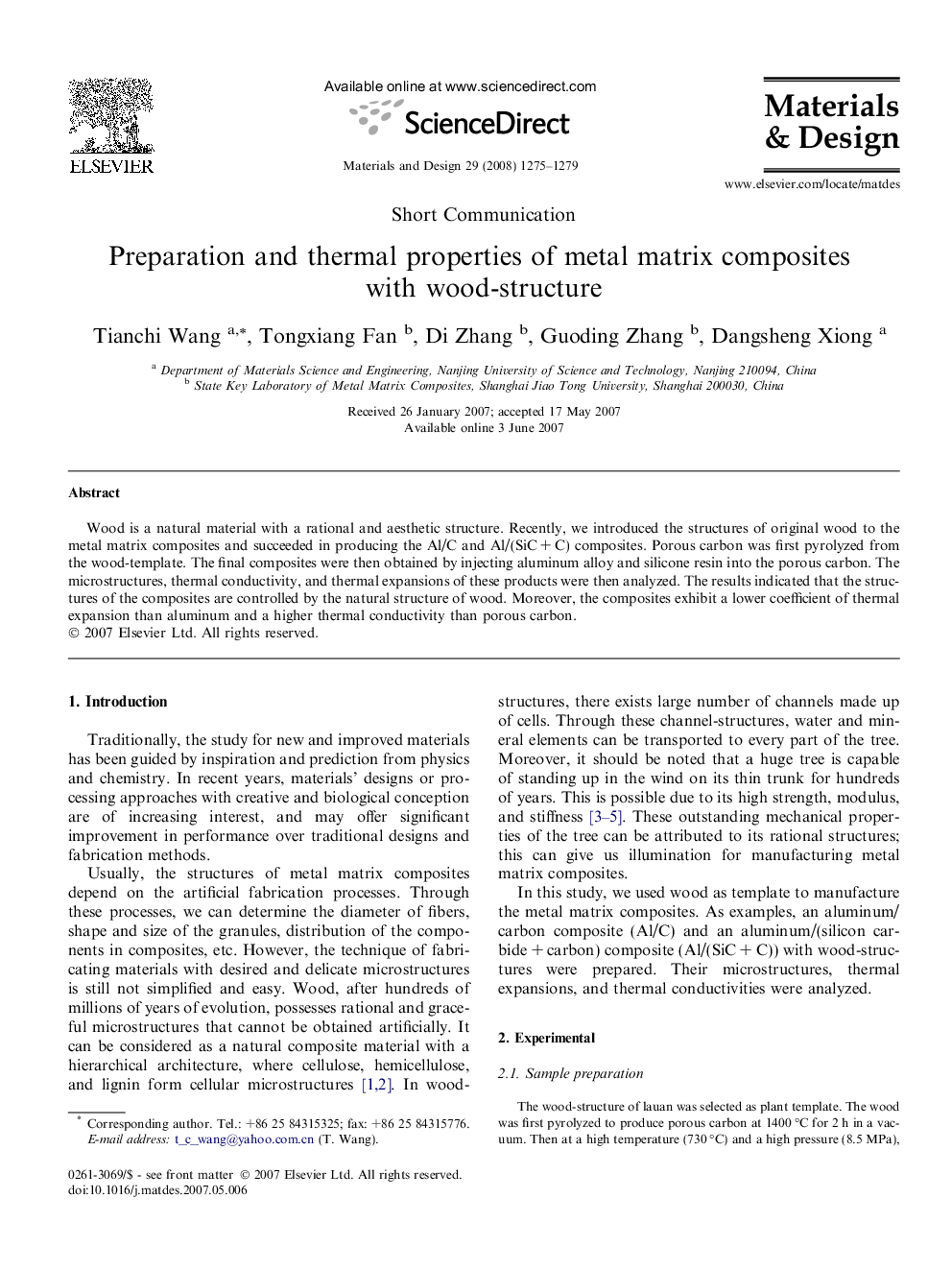 Preparation and thermal properties of metal matrix composites with wood-structure