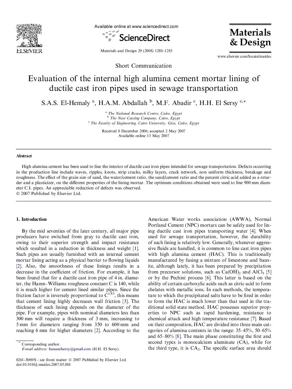 Evaluation of the internal high alumina cement mortar lining of ductile cast iron pipes used in sewage transportation