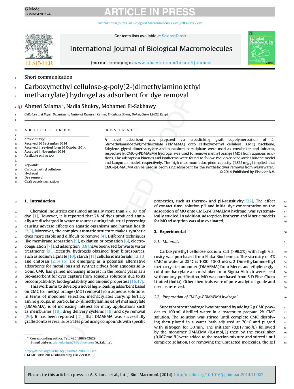 Carboxymethyl cellulose-g-poly(2-(dimethylamino) ethyl methacrylate) hydrogel as adsorbent for dye removal