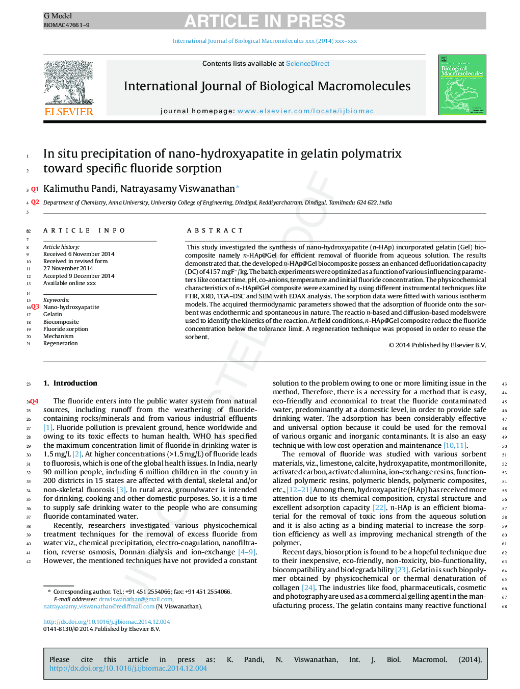 In situ precipitation of nano-hydroxyapatite in gelatin polymatrix towards specific fluoride sorption