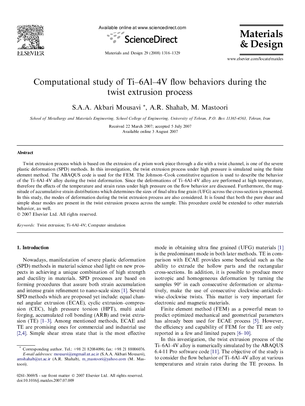 Computational study of Ti–6Al–4V flow behaviors during the twist extrusion process