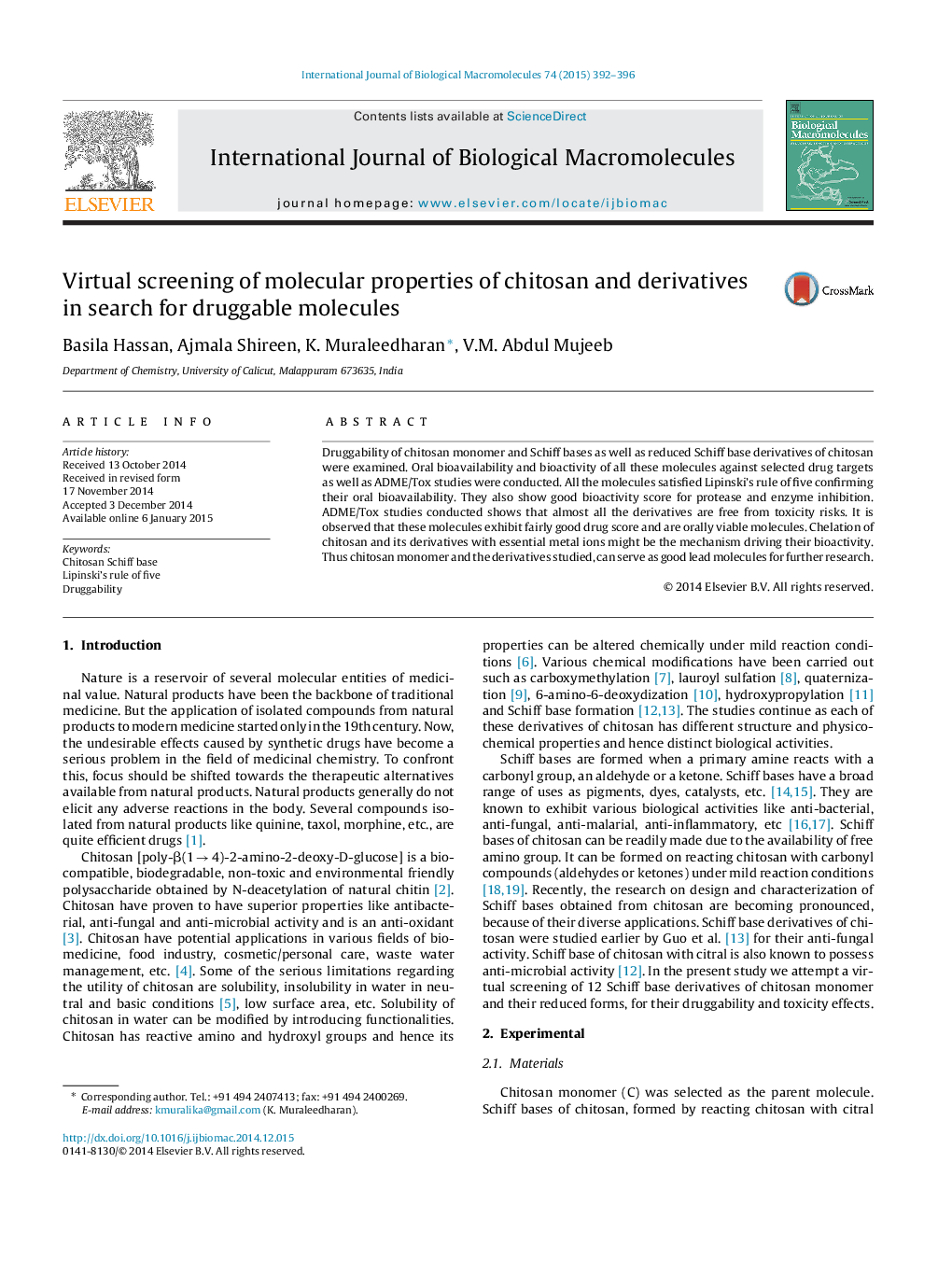 Virtual screening of molecular properties of chitosan and derivatives in search for druggable molecules