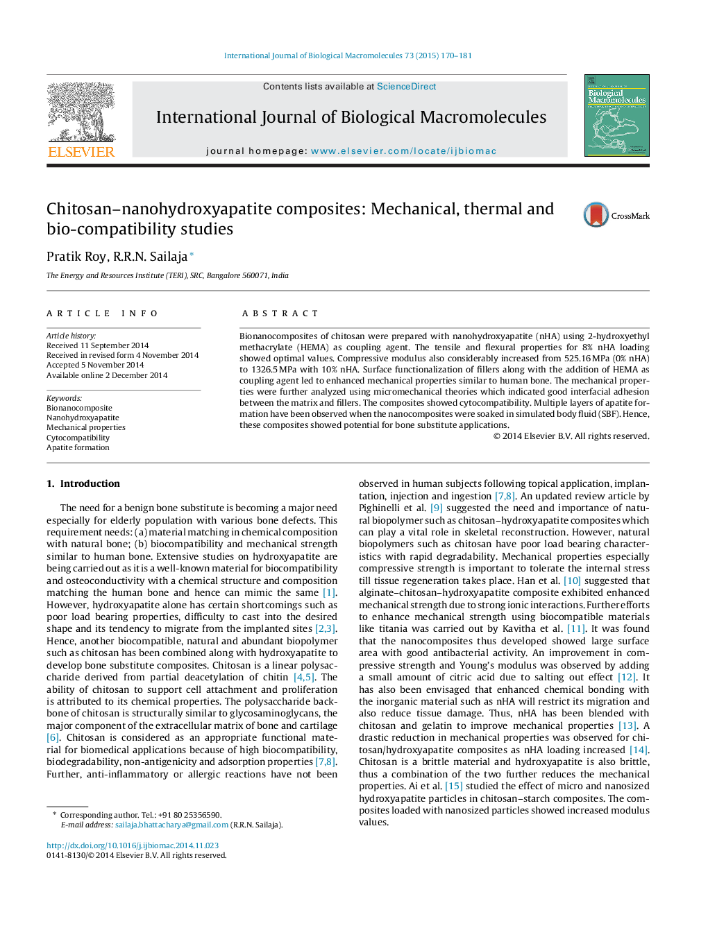 Chitosan-nanohydroxyapatite composites: Mechanical, thermal and bio-compatibility studies