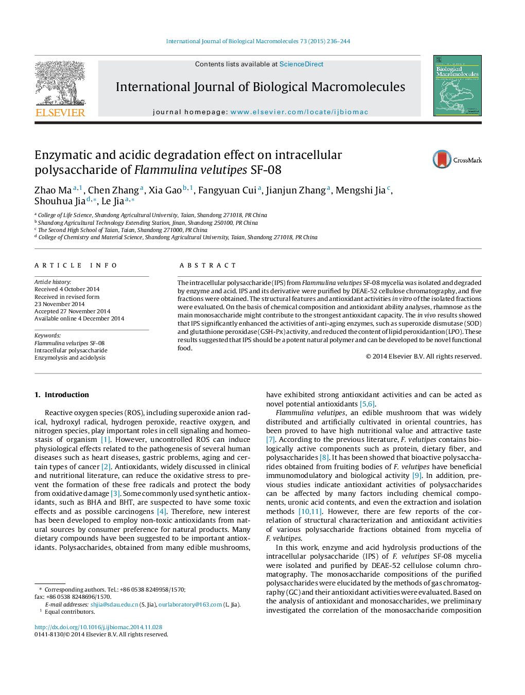 Enzymatic and acidic degradation effect on intracellular polysaccharide of Flammulina velutipes SF-08