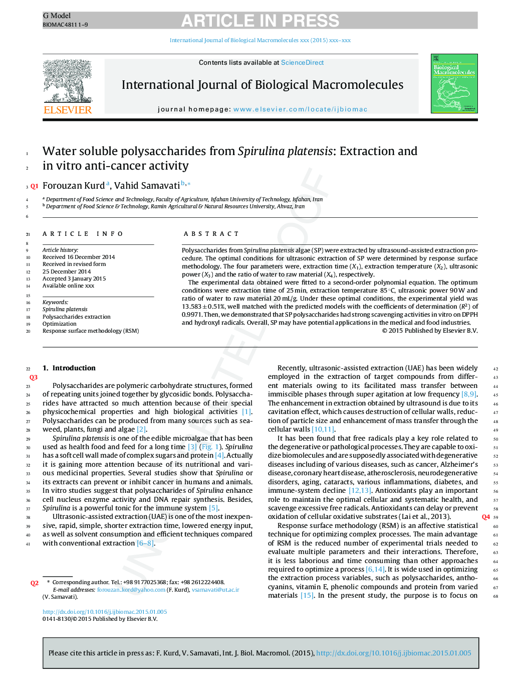 Water soluble polysaccharides from Spirulina platensis: Extraction and in vitro anti-cancer activity