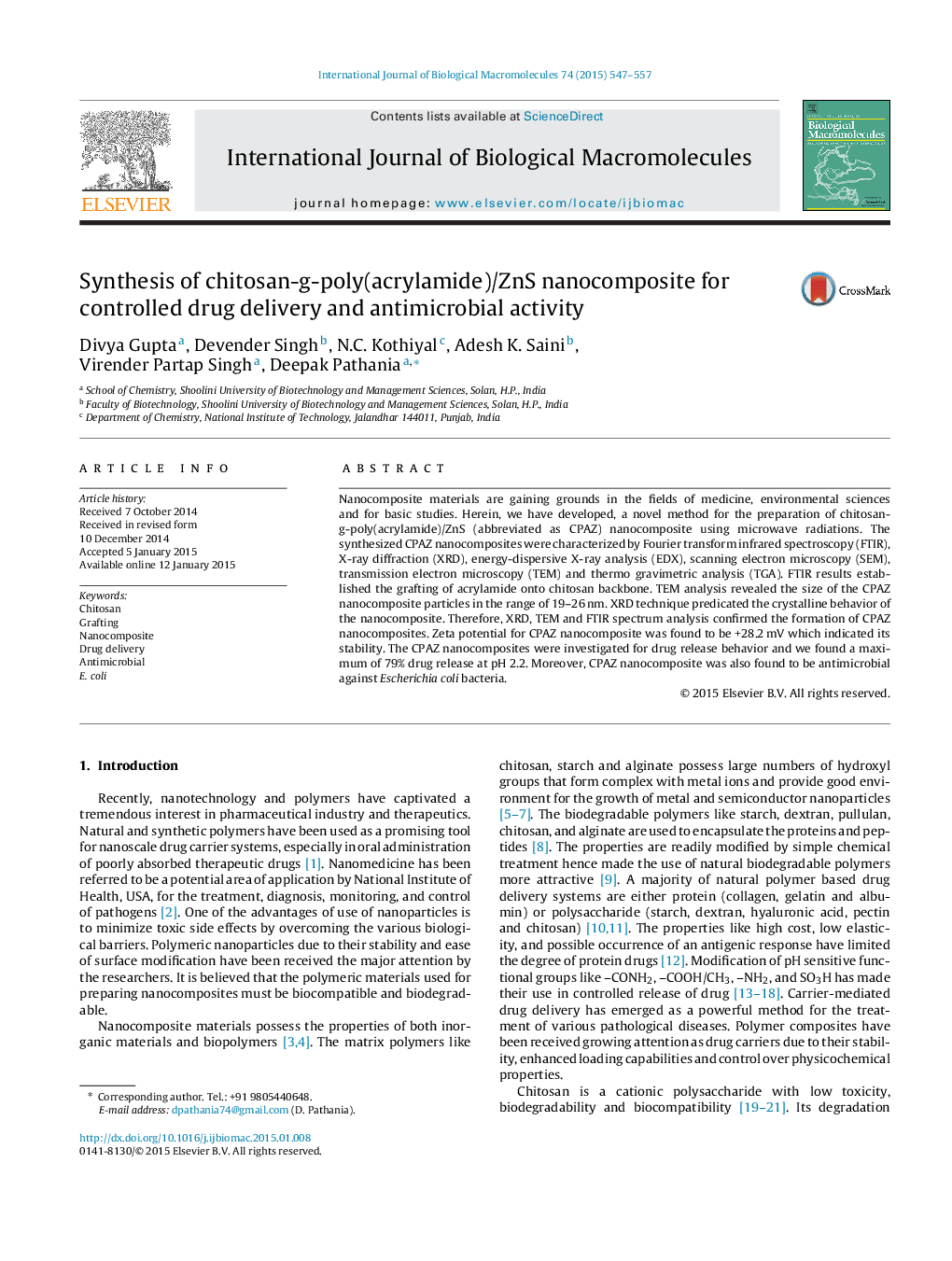 Synthesis of chitosan-g-poly(acrylamide)/ZnS nanocomposite for controlled drug delivery and antimicrobial activity