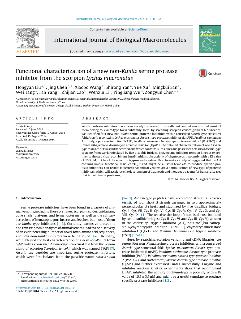 Functional characterization of a new non-Kunitz serine protease inhibitor from the scorpion Lychas mucronatus