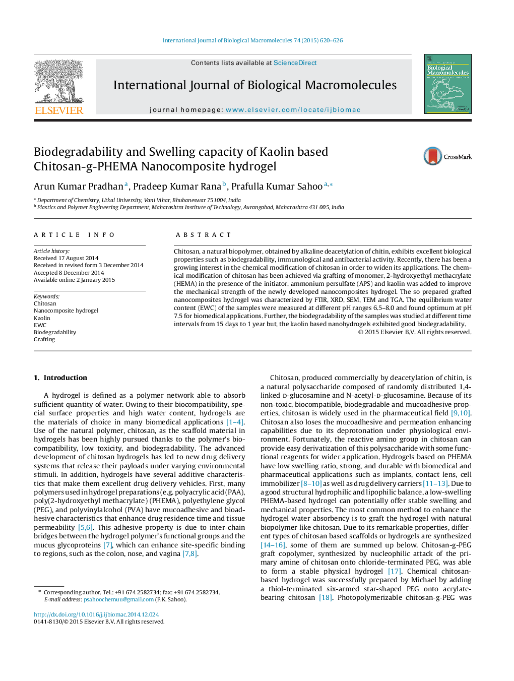 Biodegradability and Swelling capacity of Kaolin based Chitosan-g-PHEMA Nanocomposite hydrogel