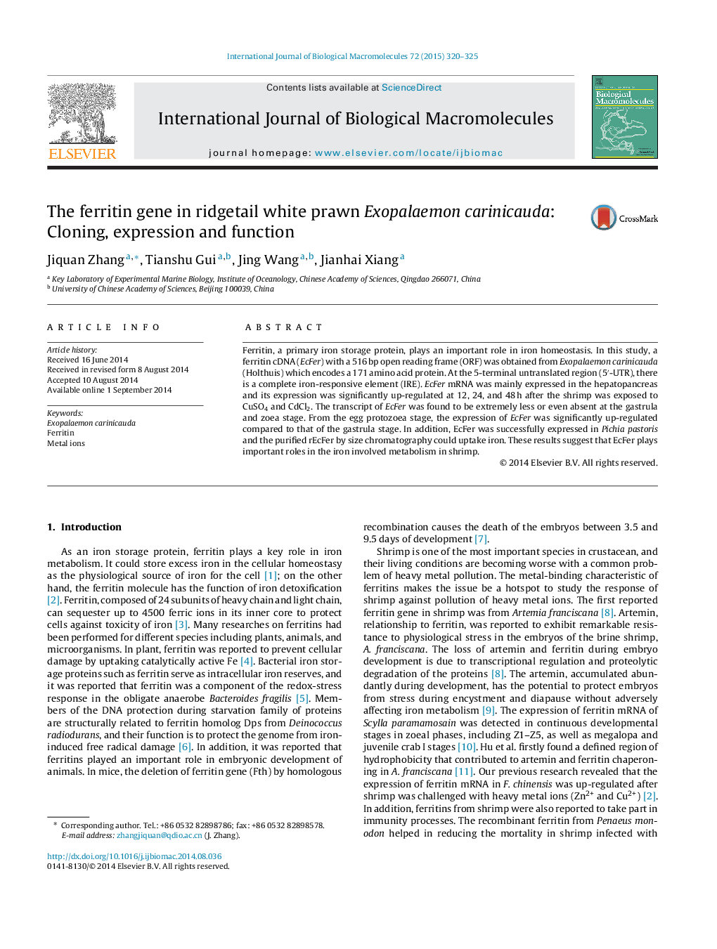 The ferritin gene in ridgetail white prawn Exopalaemon carinicauda: Cloning, expression and function