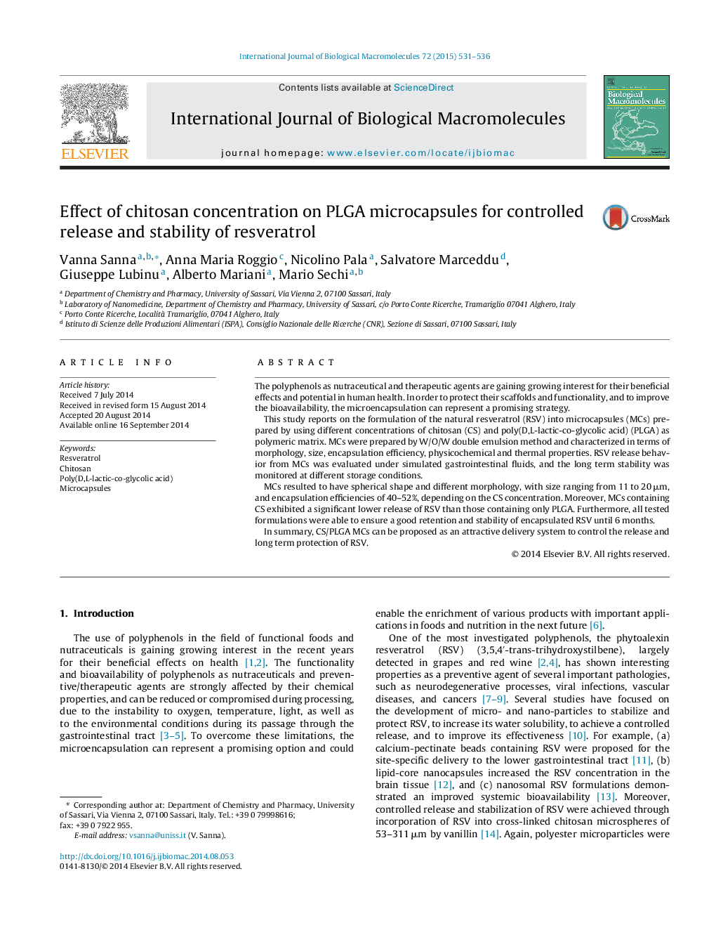 Effect of chitosan concentration on PLGA microcapsules for controlled release and stability of resveratrol