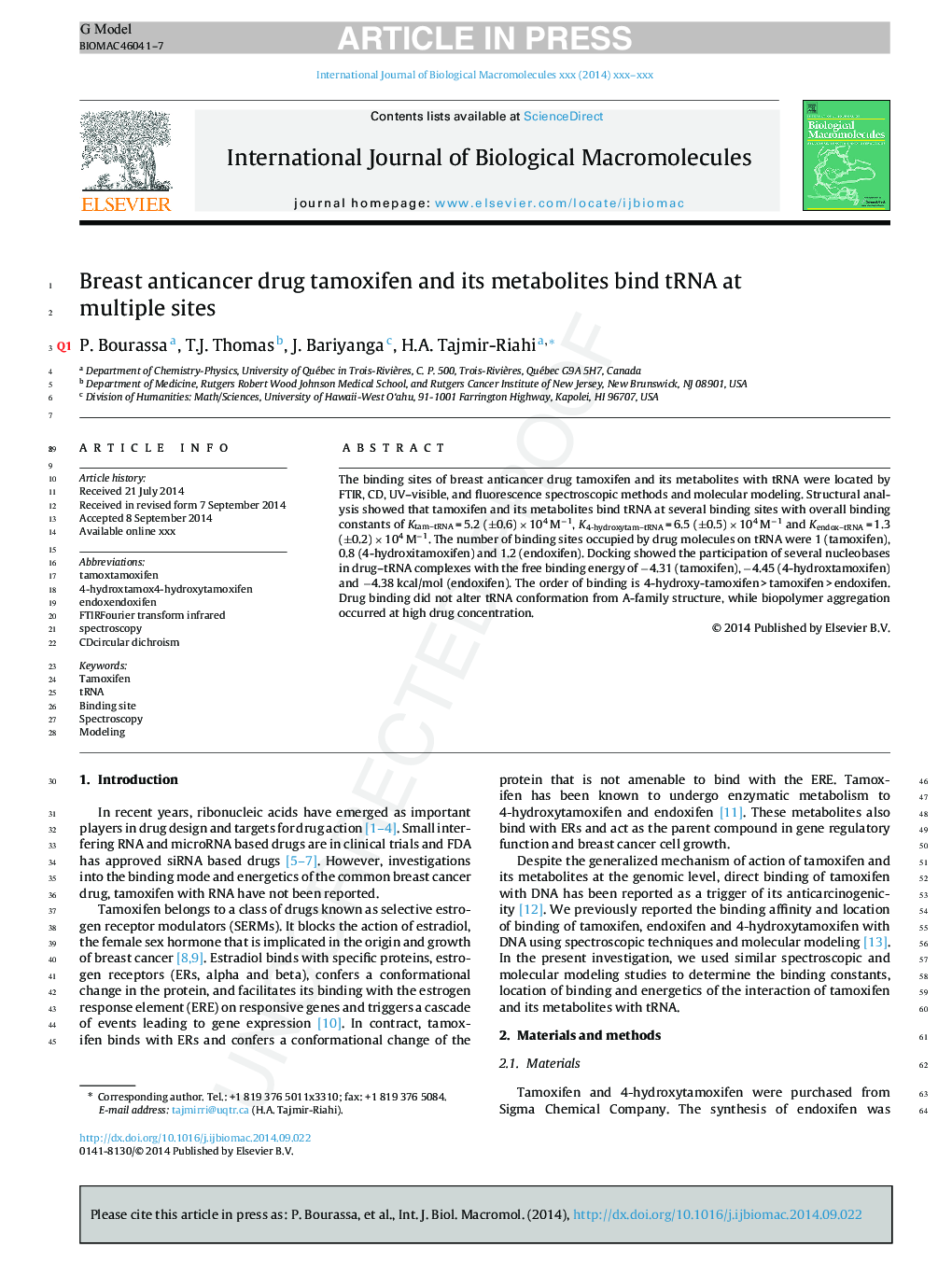 Breast anticancer drug tamoxifen and its metabolites bind tRNA at multiple sites