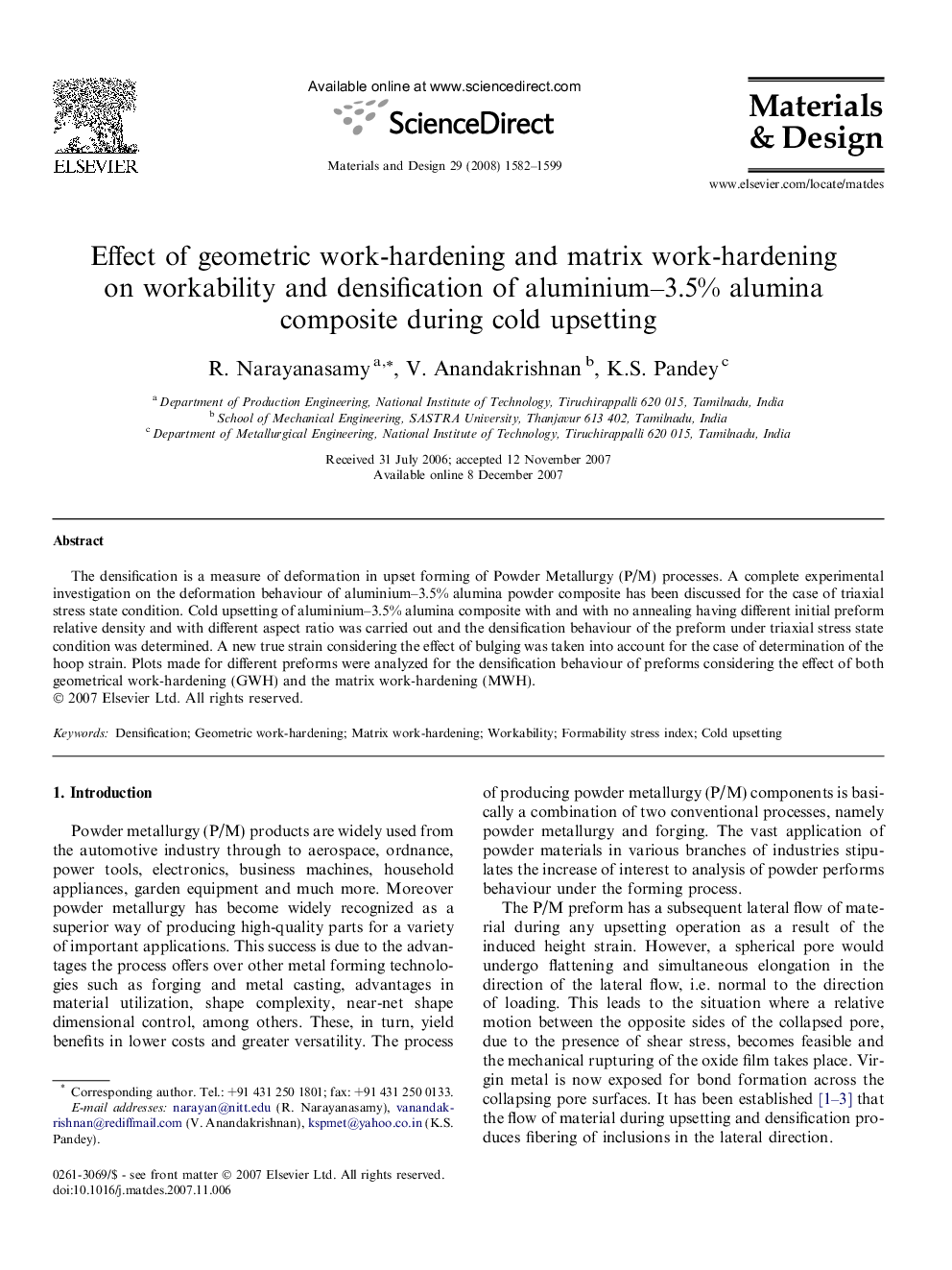 Effect of geometric work-hardening and matrix work-hardening on workability and densification of aluminium–3.5% alumina composite during cold upsetting