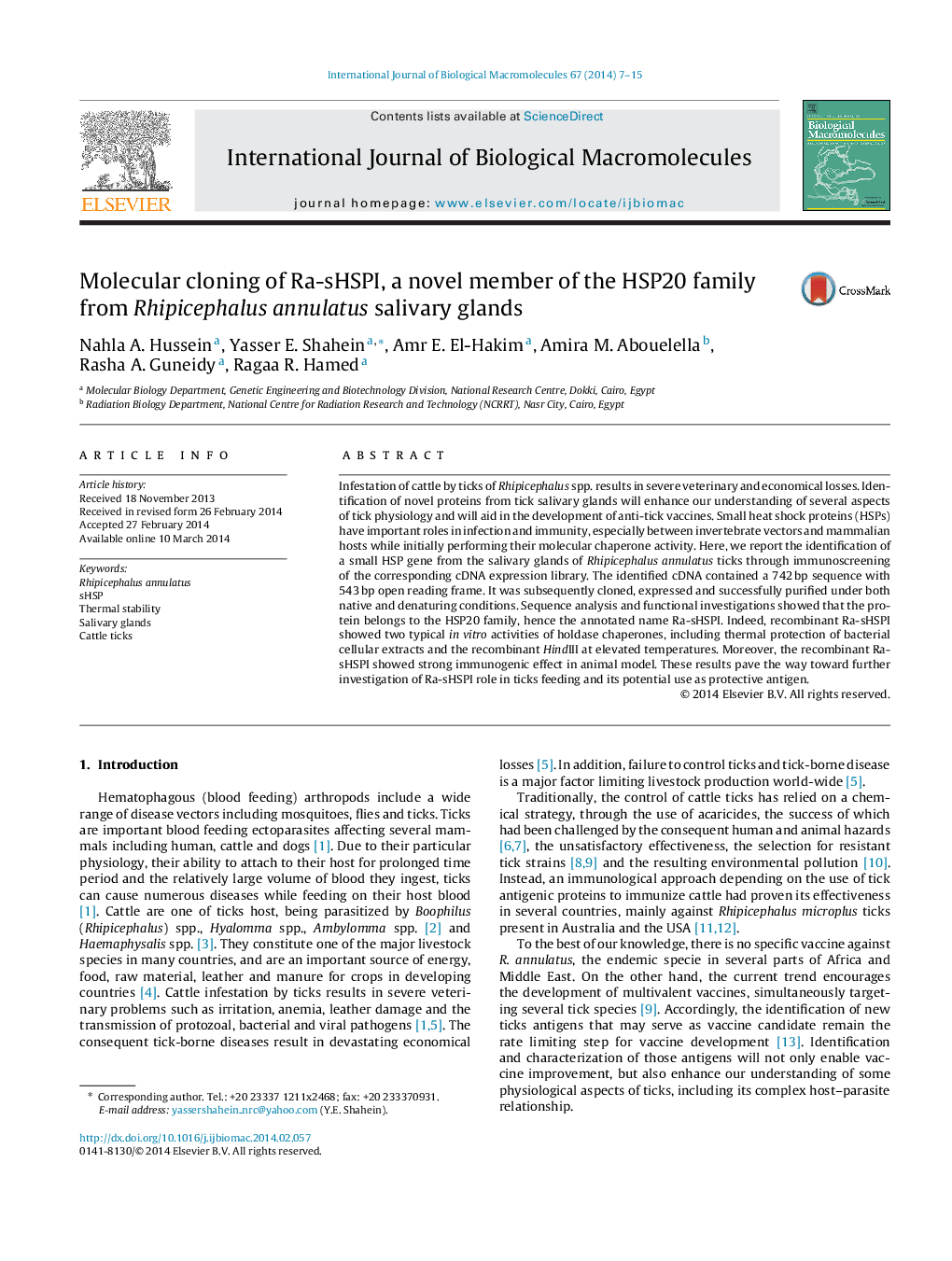 Molecular cloning of Ra-sHSPI, a novel member of the HSP20 family from Rhipicephalus annulatus salivary glands