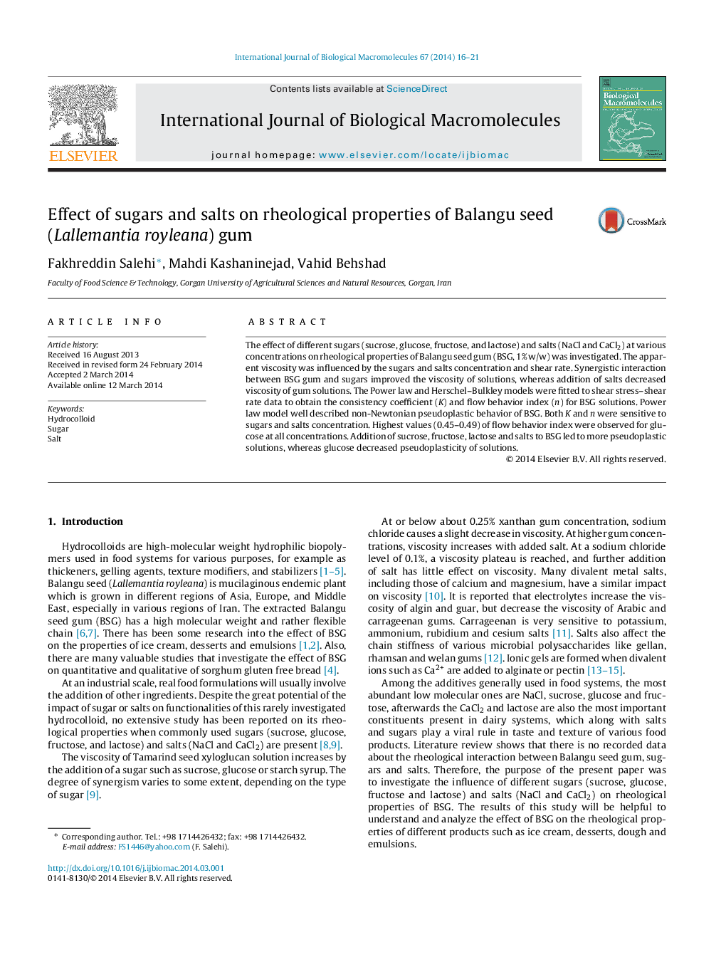 Effect of sugars and salts on rheological properties of Balangu seed (Lallemantia royleana) gum