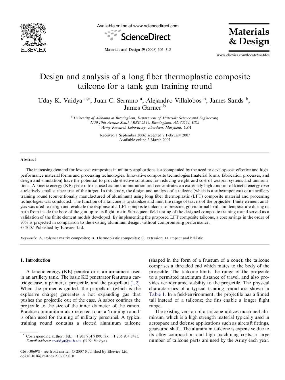 Design and analysis of a long fiber thermoplastic composite tailcone for a tank gun training round