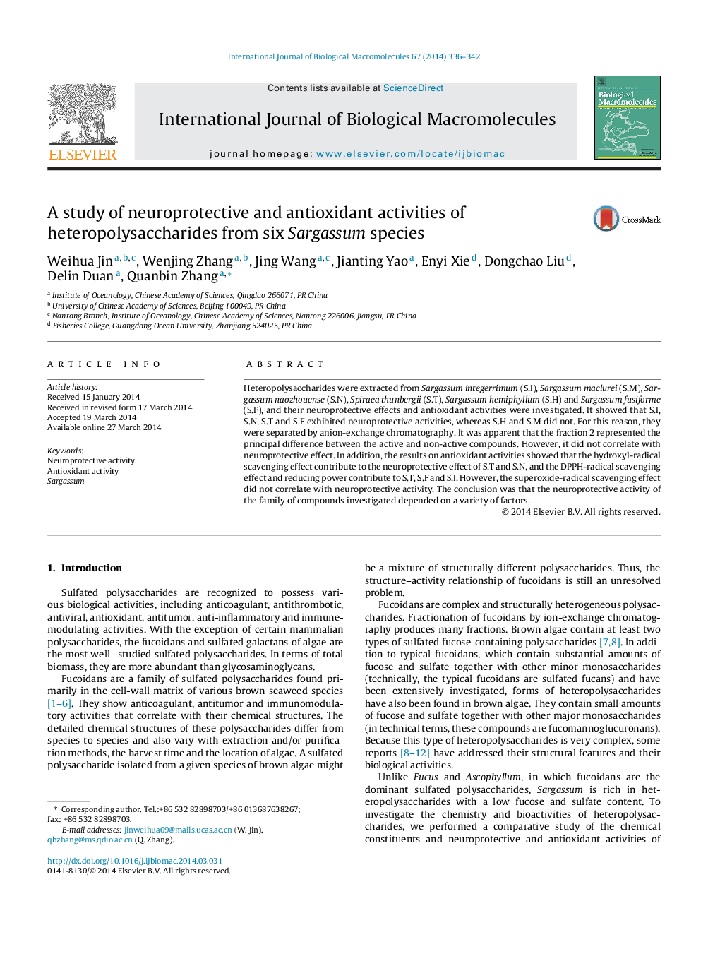 A study of neuroprotective and antioxidant activities of heteropolysaccharides from six Sargassum species