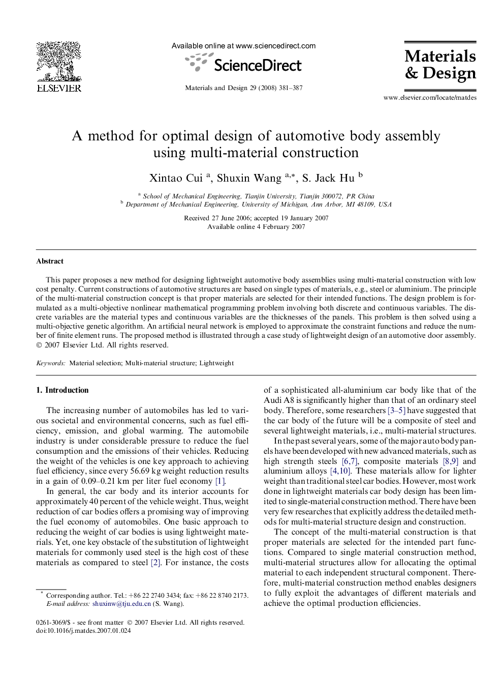 A method for optimal design of automotive body assembly using multi-material construction