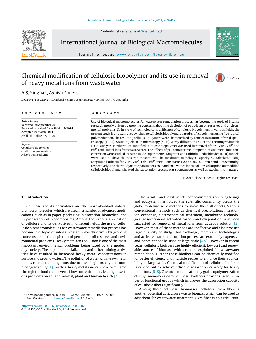 Chemical modification of cellulosic biopolymer and its use in removal of heavy metal ions from wastewater