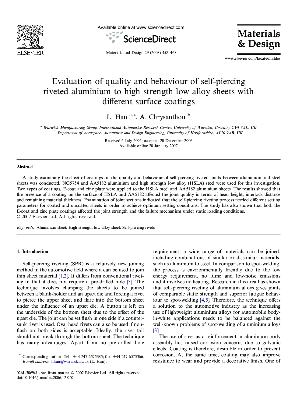 Evaluation of quality and behaviour of self-piercing riveted aluminium to high strength low alloy sheets with different surface coatings