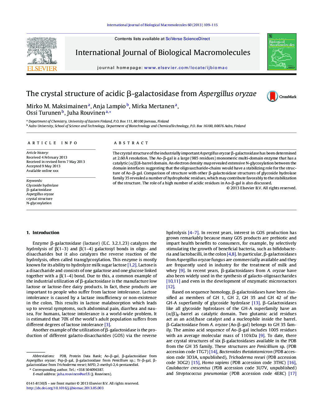 The crystal structure of acidic Î²-galactosidase from Aspergillus oryzae