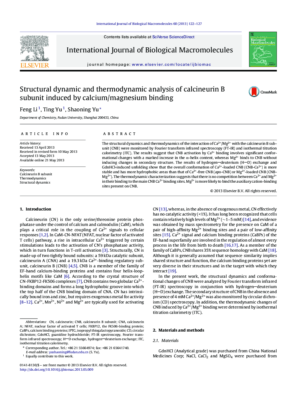 Structural dynamic and thermodynamic analysis of calcineurin B subunit induced by calcium/magnesium binding