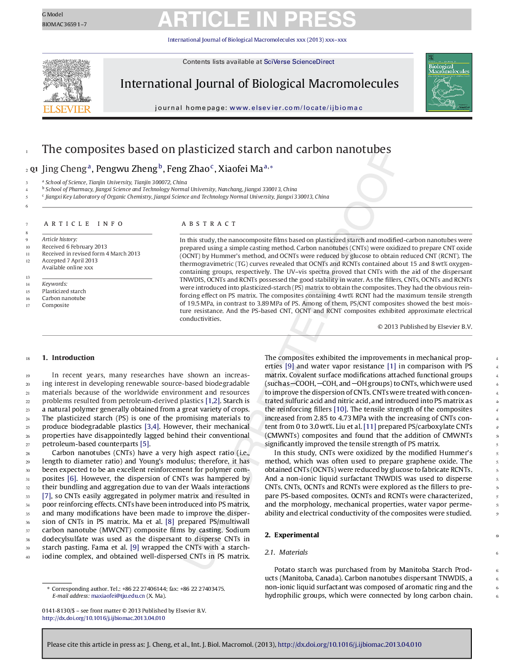 The composites based on plasticized starch and carbon nanotubes