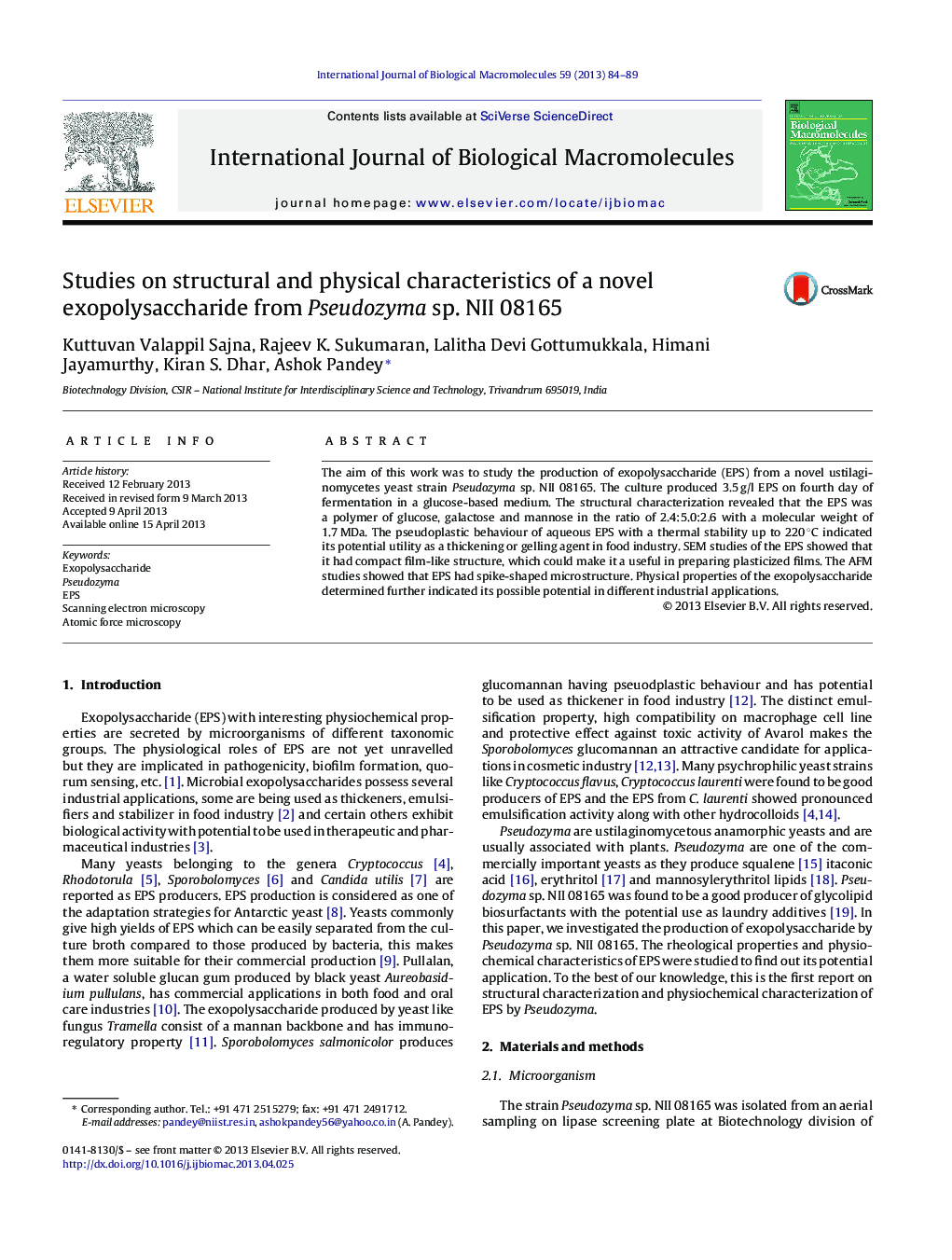 Studies on structural and physical characteristics of a novel exopolysaccharide from Pseudozyma sp. NII 08165