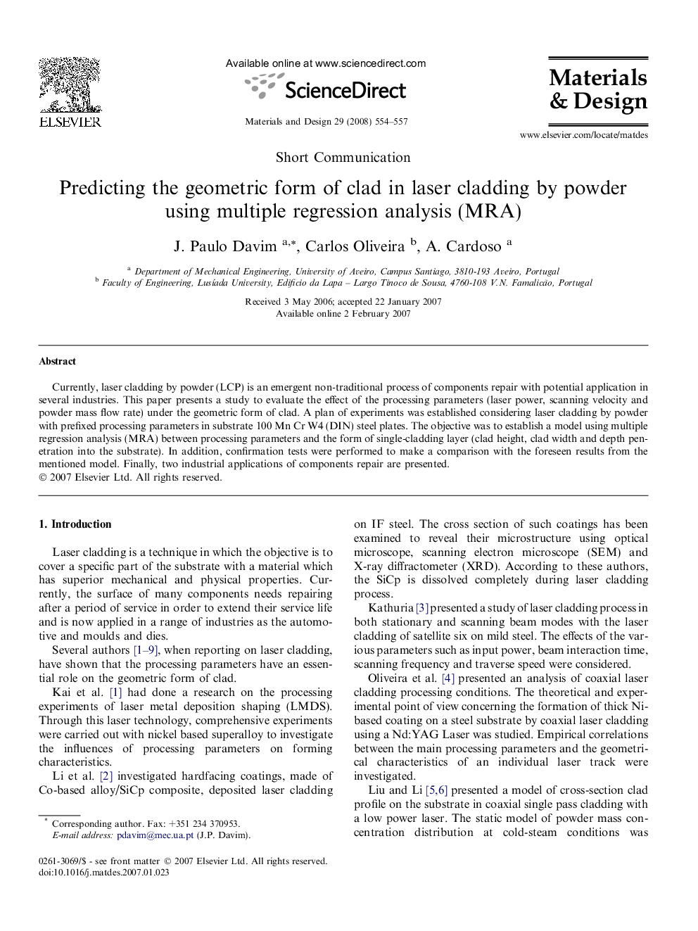 Predicting the geometric form of clad in laser cladding by powder using multiple regression analysis (MRA)