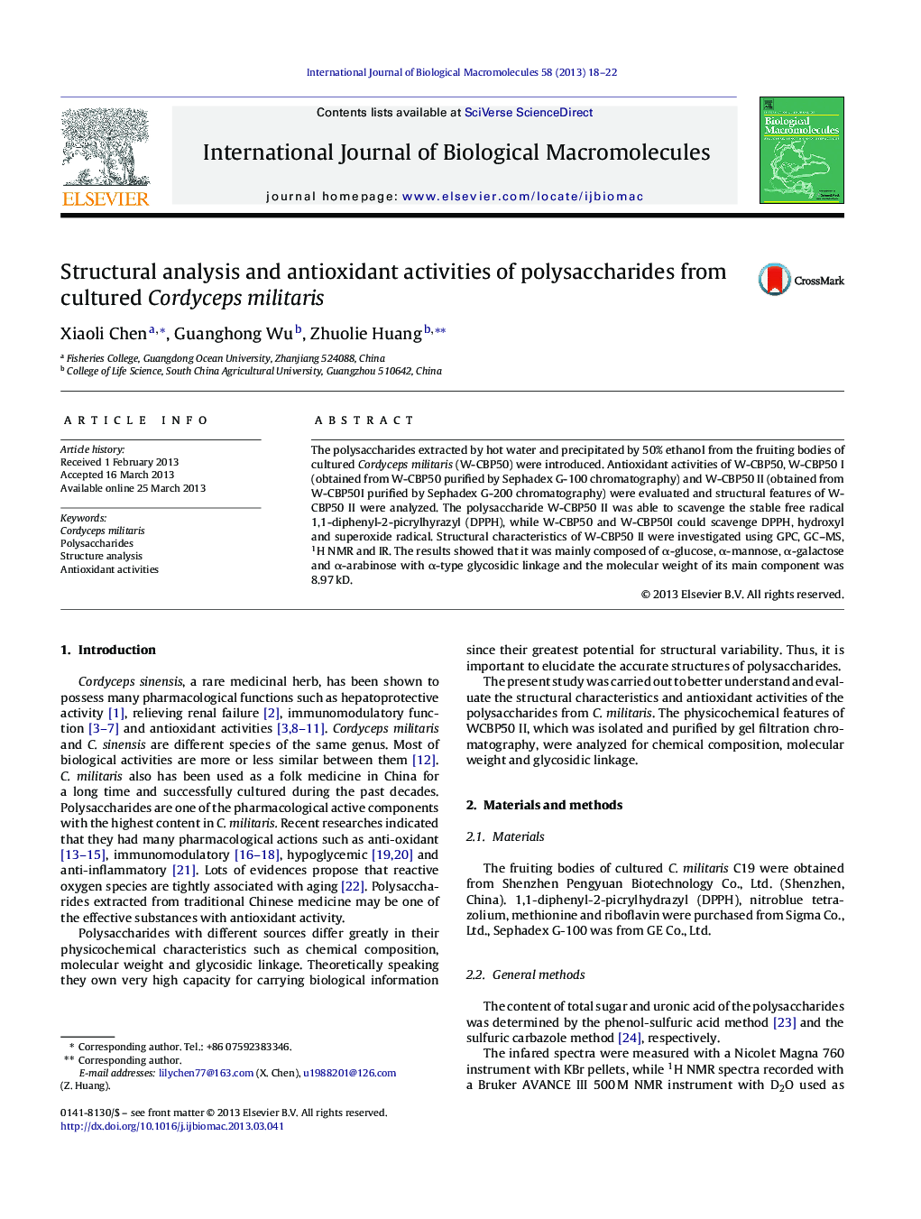 Structural analysis and antioxidant activities of polysaccharides from cultured Cordyceps militaris