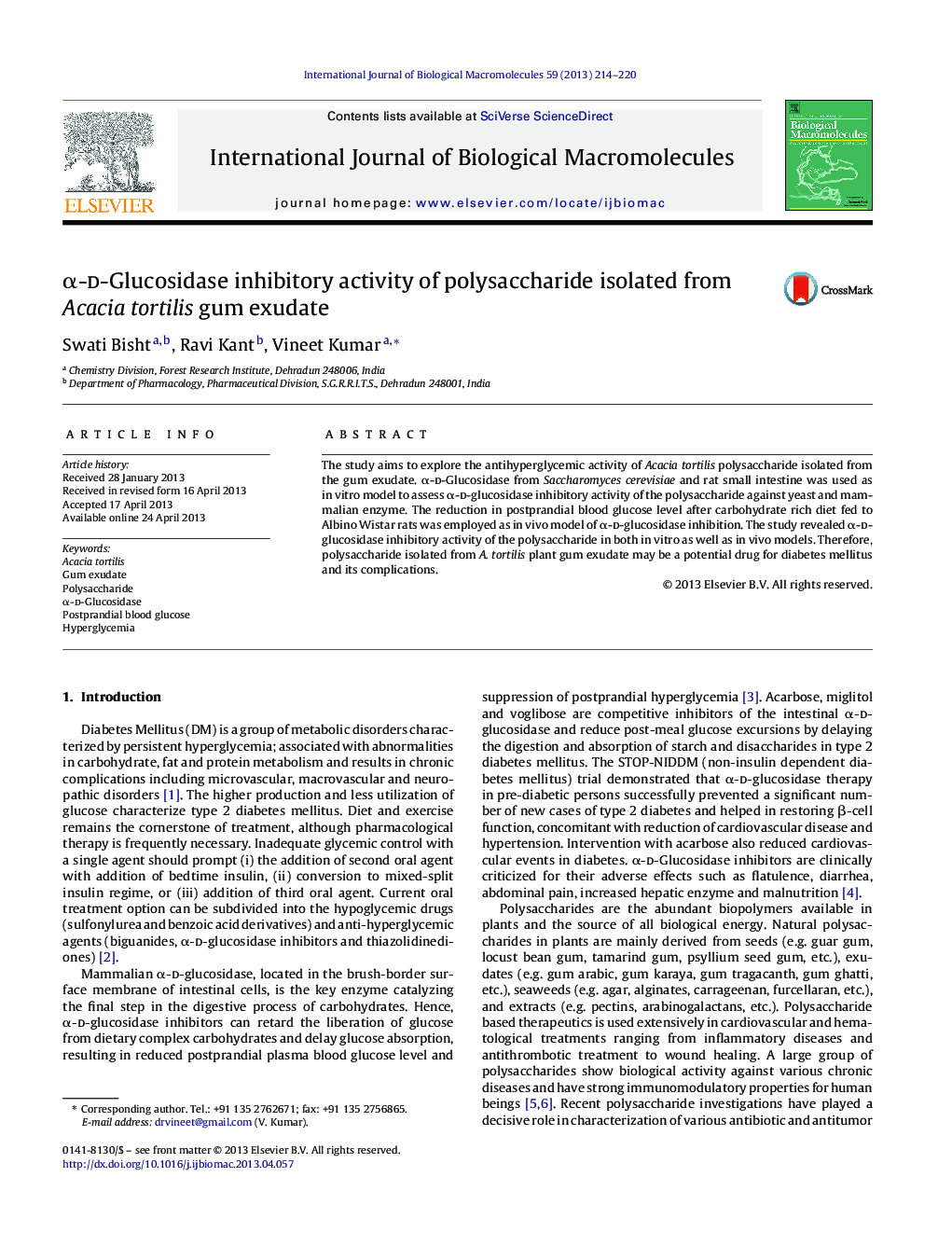Î±-d-Glucosidase inhibitory activity of polysaccharide isolated from Acacia tortilis gum exudate